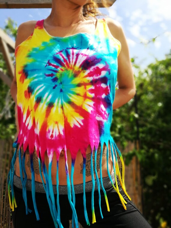 Tie Dye Crop Shirt Rainbow Crop Top With Fringe Psychedelic - Etsy
