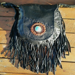 Boho Leather Fringe Bag,Gypsy Shoulder Bag, Hippy Tribal Purse, Turquoise Stone, Black