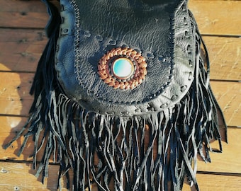 Boho Leather Fringe Bag,Gypsy Shoulder Bag, Hippy Tribal Purse, Turquoise Stone, Black