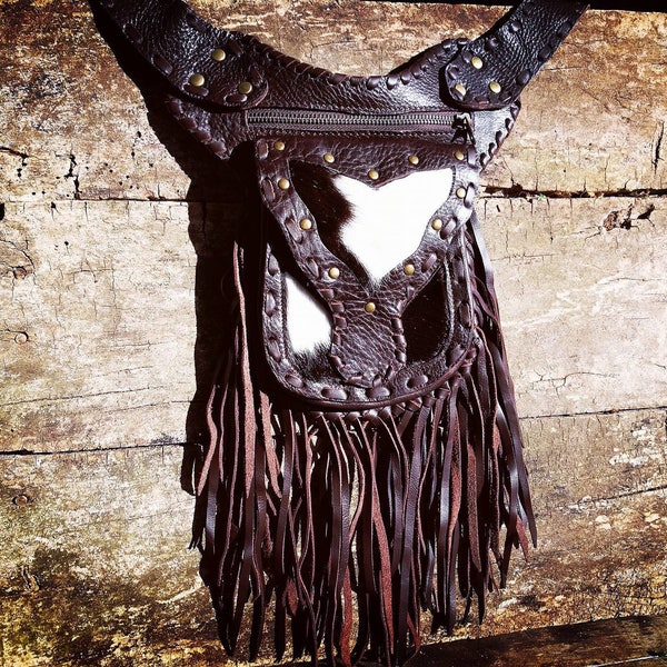 Leather Waist Bag for Festival/ Travel / Utility Belt / Biker Bag/ Urban Tribal Hip Bag with Fur/ Goa Psytrance