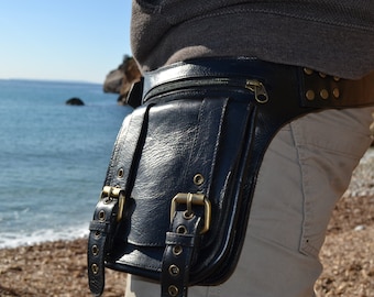 Black Leather Hip Belt, Utility Leather Bag, Money Belt, Festival Fashion, Hands Free Bag, Urban Biker Travel Belt