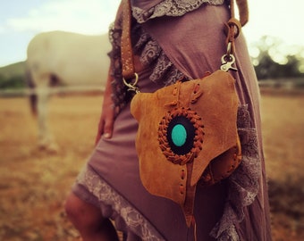 Handmade Leather Crossbody Bag with Turquoise Stone, Hippie Boho Purse
