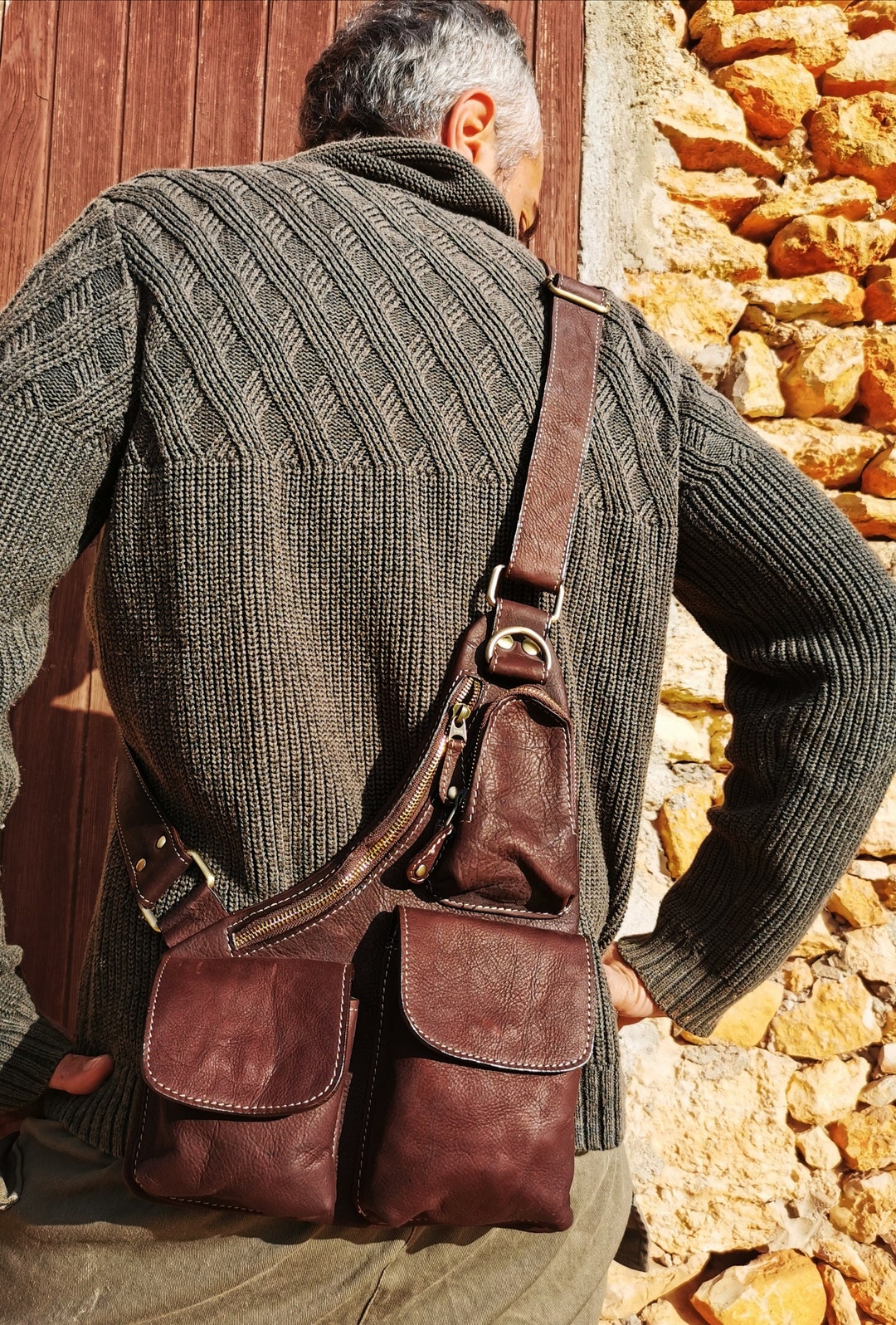 Leather Sling Bag, Single Strap Backpack, Men Shoulder Bag, Gift for