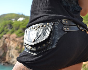 Leather Utility Belt, Goa Fanny Pack, Black Pocket Belt, Travel Hip Bag, Belt Bag Adjustable To All Sizes