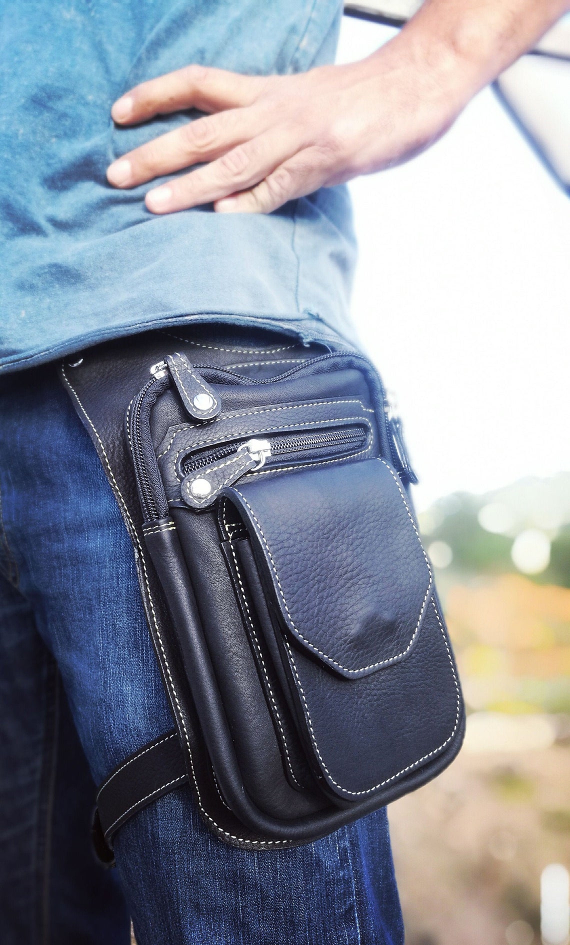 Black Leather Holster Waist Bag With Leg Strap I Phone Case Etsy