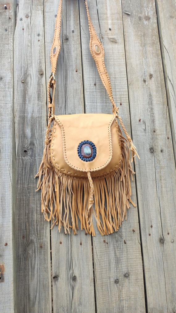 Bolso boho con flecos, bolso de cuero con cuatro piedras, bolso de