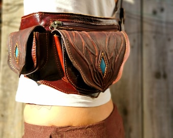 Leather Belt Bag, Festival Pocket Belt, Travel Belt, Brown, Nature inspire