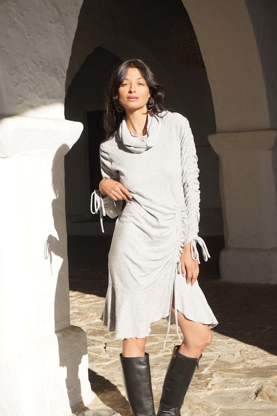 Light Grey Bamboo Boho Dress, Long Sleeve Adjustable Fit