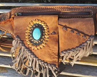Handmade Fanny Pack,  Festival  Hip Belt, Pocket Belt, Utility Leather Belt, Hand-sew, Fringed Waist Bag, Turquoise