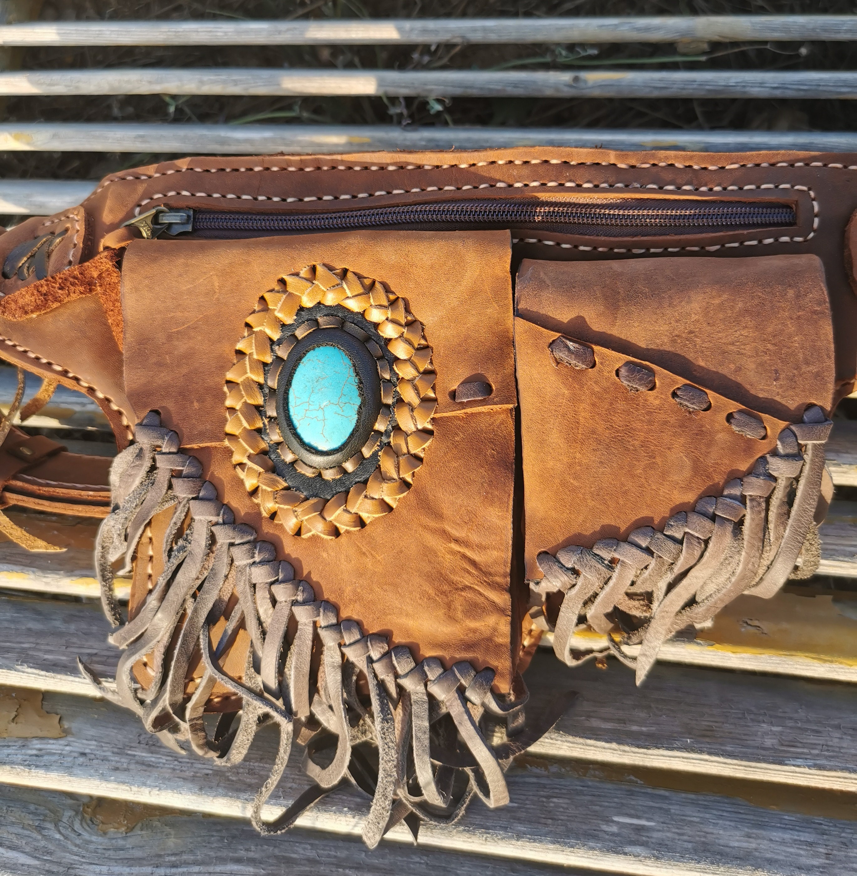 OFFRANDES Leather Utility Belt Bag Boho Western Festival Turquoise Studded Leather Utility Belt - Festival Belt With TURQUOISE - Hip  main image 2