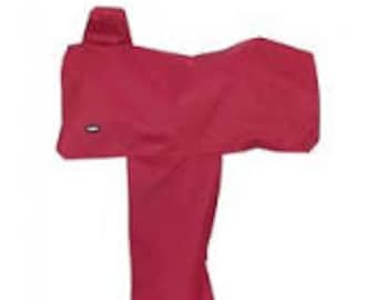 May include: A bright red saddle cover made of a durable fabric. The cover has a flap that covers the saddle horn and a cinch strap.