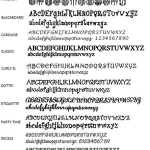 May include: A chart of different font styles for monogramming. The fonts are labeled with names like "Master Circle", "Cotillion", "Sydney", "Circle", "Blackboard", "Caroline", "Classic", "Curly Q", "Dottie", "Etiquette", "Party Time", "Recess", "Serif Block", "Tipsy", and "Whimsy". Each font style shows uppercase and lowercase letters, as well as numbers.