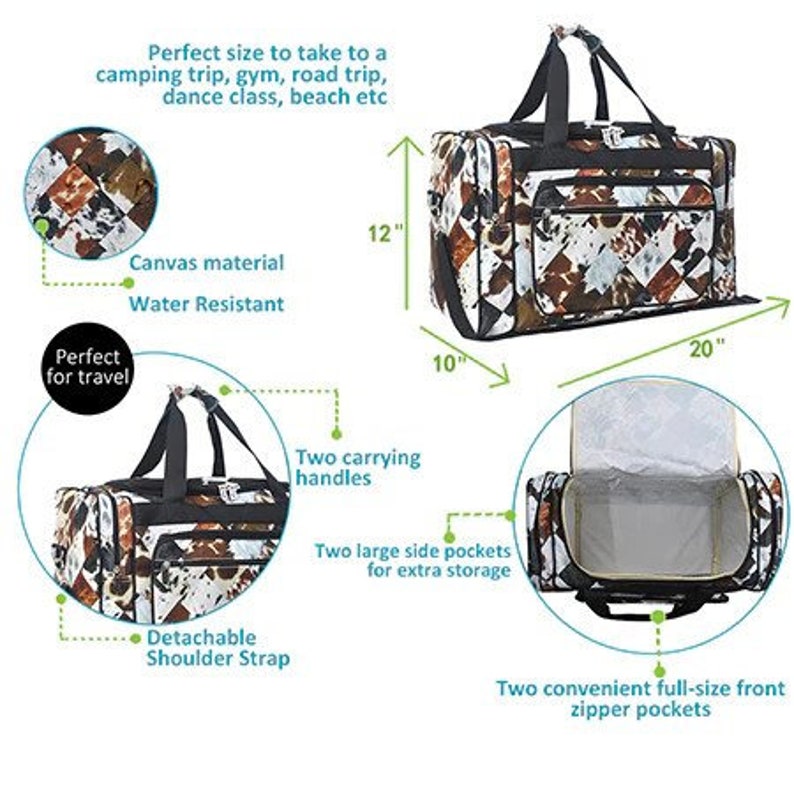 May include: A brown and white canvas duffel bag with two carrying handles, a detachable shoulder strap, and two large side pockets. The bag is 50 cm wide, 30 cm tall, and 25 cm deep.