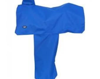 May include: A bright blue saddle cover made of waterproof material.