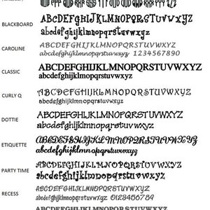 May include: A chart displaying various font styles for the alphabet, numbers, and punctuation. The font styles are labelled with names such as "Master Circle", "Cotillion", "Sydney", "Circle", "Blackboard", "Caroline", "Classic", "Curly Q", "Dottie", "Etiquette", "Party Time", "Recess", "Serif Block", "Tipsy", and "Whimsy".