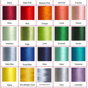 May include: A chart displaying embroidery thread colours. The chart is divided into 6 rows and 5 columns. Each square shows a different colour of thread. The colours are labelled with their names. The chart includes colours such as white, ivory, khaki, chocolate, dark brown, black, baby pink, medium pink, hot pink, fuchsia, wine, red, orange, coral, peach, seafoam, sage, lime, emerald, hunter, baby blue, royal blue, navy, aqua, turquoise, yellow, non-metallic gold, non-metallic silver, grey, lavender, purple, orchid, charcoal, plum, teal, burgundy, periwinkle, eggplant, and mossy oak.