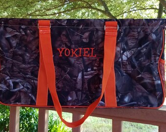 Camo/Camouflage Utility Tote/Tote Bag with Orange Handles - Personalized/Monogrammed