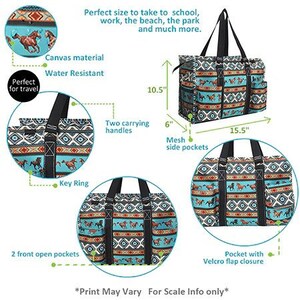 May include: A large, blue and brown canvas tote bag with a geometric pattern. The bag has two carrying handles, a key ring, two front open pockets, mesh side pockets, and a pocket with a velcro flap closure. The bag measures 10.5 inches tall, 15.5 inches wide, and 6 inches deep. The bag is water resistant and perfect for travel.