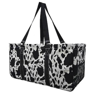Cow Print Large Utility Tote/Tote Bag - Personalized/Monogrammed - Black