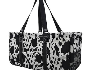 Cow Print Large Utility Tote/Tote Bag - Personalized/Monogrammed - Black