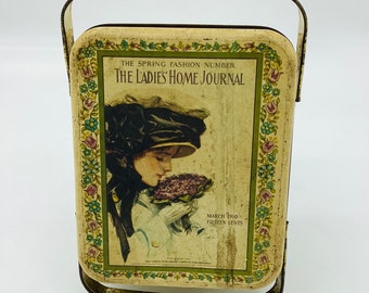 Vintage The Ladies Home Journal Metal Basket Tin Can 'March 1910' Spring Fashion