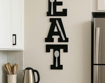 Wooden Eat Kitchen Sign With Utensils. Knife Fork Spoon. Kitchen Wall Art. Home Decor
