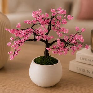 Handgemaakte bonsai van draad met kersenbloesem | Roze kralen decoratie voor thuis