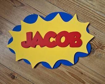Plaque personnalisée en bois pour nom de bande dessinée : décoration super-héros