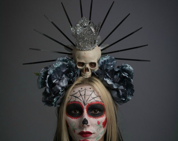 Virgin Mary Halo Saint Day of the Dead Headdress Lady Guadalupe Dark Blue Flower Crown Skull Dia de los Muertos Headpiece Gothic Sacred