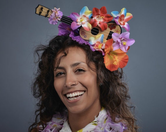Tropical Flower Ukulele Luau Tiki Headdress Novelty Funny Hawaii Orchid Summer Party Head piece Polynesian Floral Hula Hibiscus Headwe