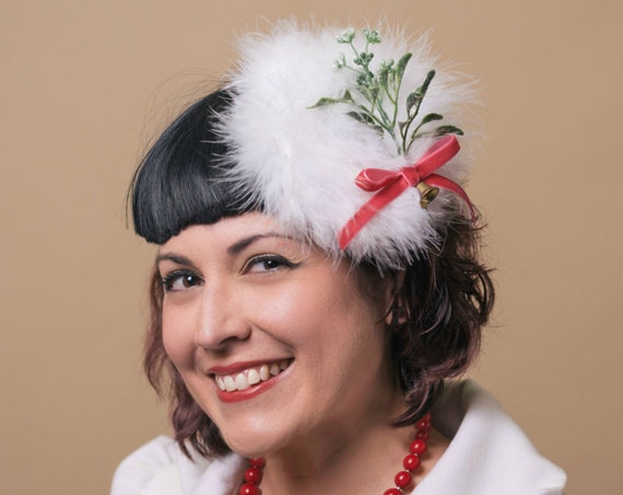 Christmas Mistletoe White Fur Fascinator Red Velvet Ribbon Gold Bell Hair Flair Holiday Season Headpiece Ugly Christmas Sweater Party