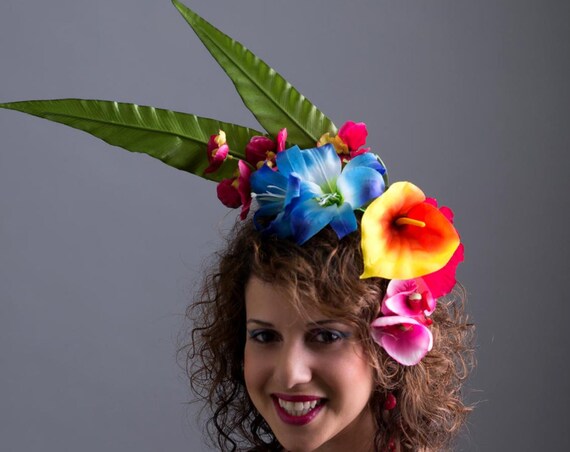 Blue Tropical Hawiian Tiki Headdress Orange Calla Lily Rainbow Headpiece Festival Fascinator Fuschia Pink Orchid Yellow Floral Hula Crown