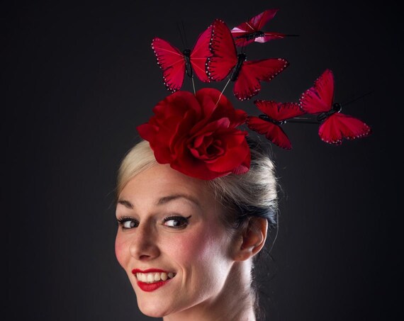 Red Rose Fascinator Butterfly Headdress Summer Spring Dapper Day Hair Flower Garden Party Hatinator Butterflies Derby Ascot Headpiece Fairy