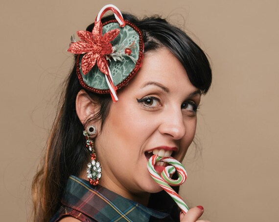 Cheermeister Ugly Christmas Sweater Fascinator Funny Green Red Hand Made Holiday Party Candy Cane Poinsettia Headpiece Glitter Sequin Hair