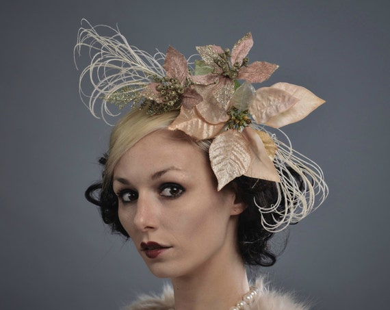 Blush Rose Gold Poinsettia Feather Fascinator Pink Christmas Party Beige Headpiece Holiday Hair Flair Winter Fairy Hand Made Hatinator Crea
