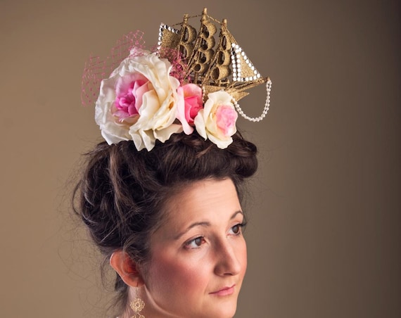 Gold Antoinette Harlots Mini Ship Fascinator Pink Rose Carnevale Hand Made Masquerade Headdress Pearl Rococo Headpiece Glitter Costume