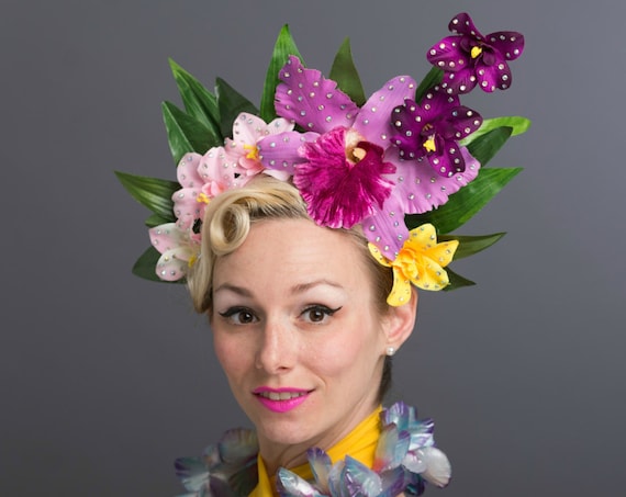 Luau Tiki Jungle Orchids Flower Crown Purple PalmTropical Headdress Exotic Floral Headpiece Oasis Rave Festival Fascinator Hawaiian Queen