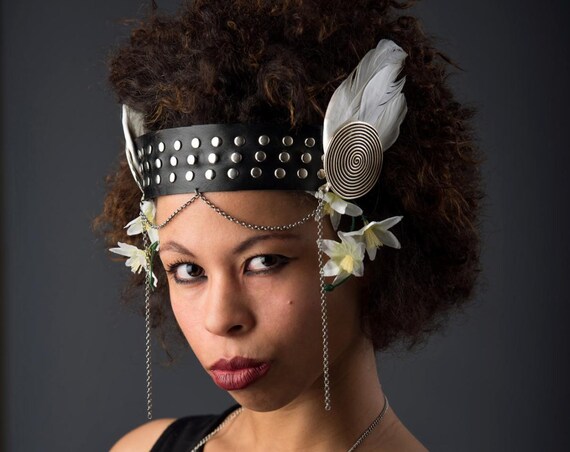 Valkyrie Shield Maiden Viking Rave Headpiece Fantasy Swan Wing Flower Chain Headband Studded Black Norse Medieval Warrior Costume Headdress