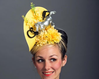 Kentucky Derby Horse Lemon Yellow Unique Ascot Fascinator Conceptual Quirky Filly Spring Retro Floral Mustang Hatinator Races Hat Headpiece