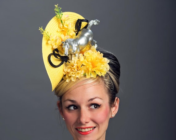 Kentucky Derby Horse Unique Ascot Fascinator Conceptual Phoenician Filly Light Yellow Vintage Floral Mustang Hatinator Race Hat Headpiece