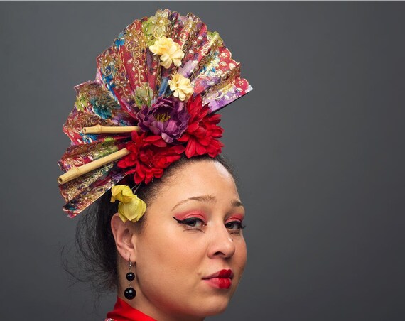 Asian Red Fan Fascinator Carnevale Dance Wear Bamboo Green Chinese Lantern Flower Headdress Purple Poppy Headpiece Hand Made Geisha Costume