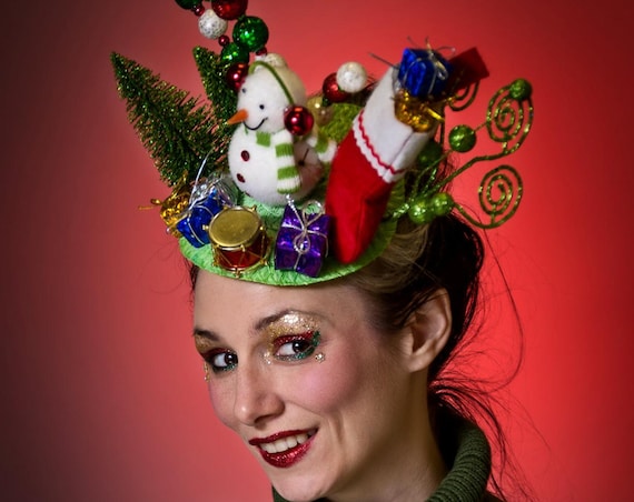 Ugly Christmas Sweater Fascinator Tacky Frosty Snowman Novelty Red Gifts Stocking Grinch Head piece Headdress Holiday Party Hat Head Piece