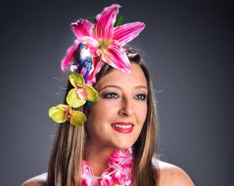 Luau Pacific Tropical Tiki Jungle Parrot Fascinator Hawaiian Hula Girl Hat Bird Floral Headpiece Lily Orchid Hair Flower Festival Summer