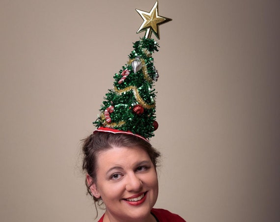 Christmas Tree Ugly Christmas Hatinator Funny Head Piece Hand Made Sweater Ornaments Candy Canes Novelty Gold Star Holiday Red Skirt Lights