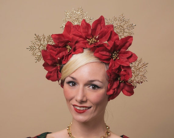 Large Red Poinsettia Flower Crown Ugly Christmas Sweater Head Piece Novelty Party Headdress Gold Glitter Snowflake Holiday Headpiece Drag