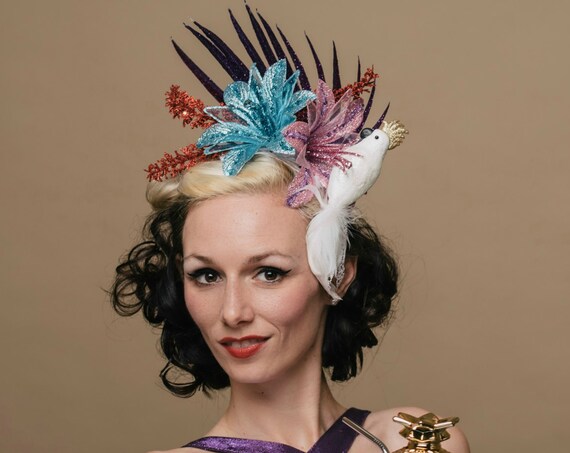 Paradiso Glitter Flower Cockatoo Luau Tiki Fascinator Palm Tropical Oasis Headdress Caribbean Party Hawaiian Headpiece Purple Hair Flower
