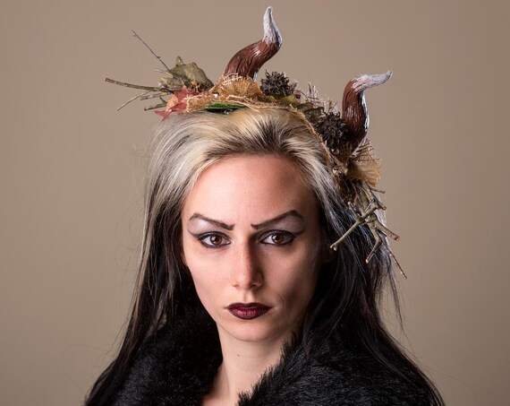 Krampus Christmas Devil Costume Fascinator Brown Frosted Hand Made Horn Burlap Headdress German Santa Bells Birch Funny Headpiece Ugly