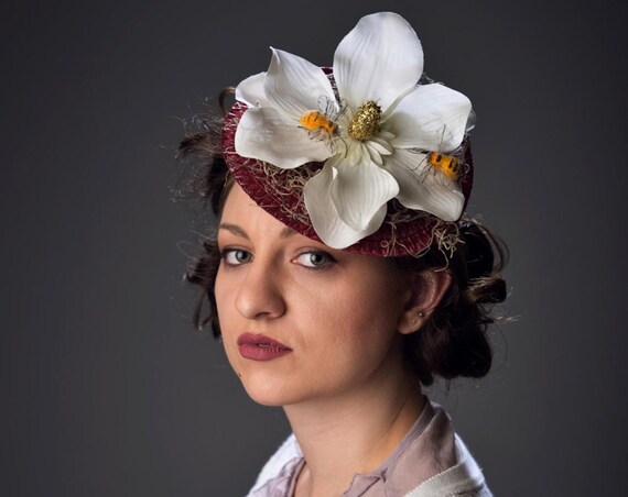Magnolia Formal Bee Easter Bonnet Headpiece Moss Fascinator Floral Winter Southern Belle Flower Yellow Floral Tea Garden Party Hat Bumble Be