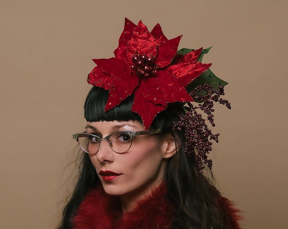 Red Velvet Christmas Poinsettia Head Piece Ugly Tacky Holiday Party Classy Hat Crystals Burgundy Berries Fascinator Classy Winter Hatinator