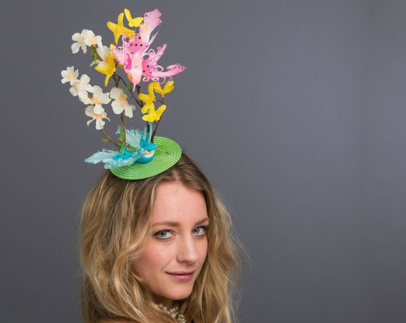 Lovebirds Blue Pink Yellow Easter Bonnet Bird Floral Dapper Fascinator Garden Tea Party Hatinator Flower Headpiece Horse Ascot Hummingbird